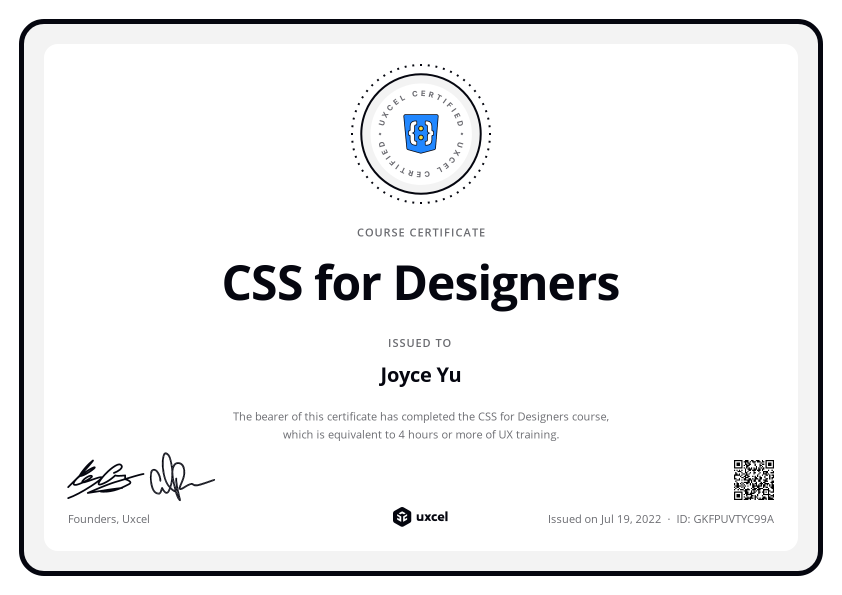 Joyce Yu's certificate